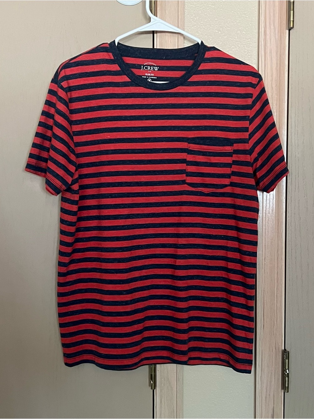 J. Crew Men's Red and Navy Striped Pocket Tee